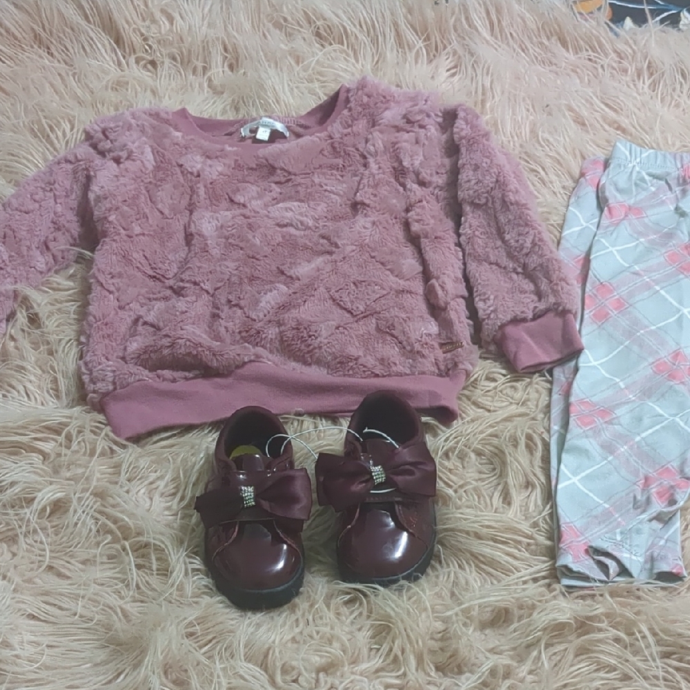 Pink Textured Sweater and Burgundy Shoes Set